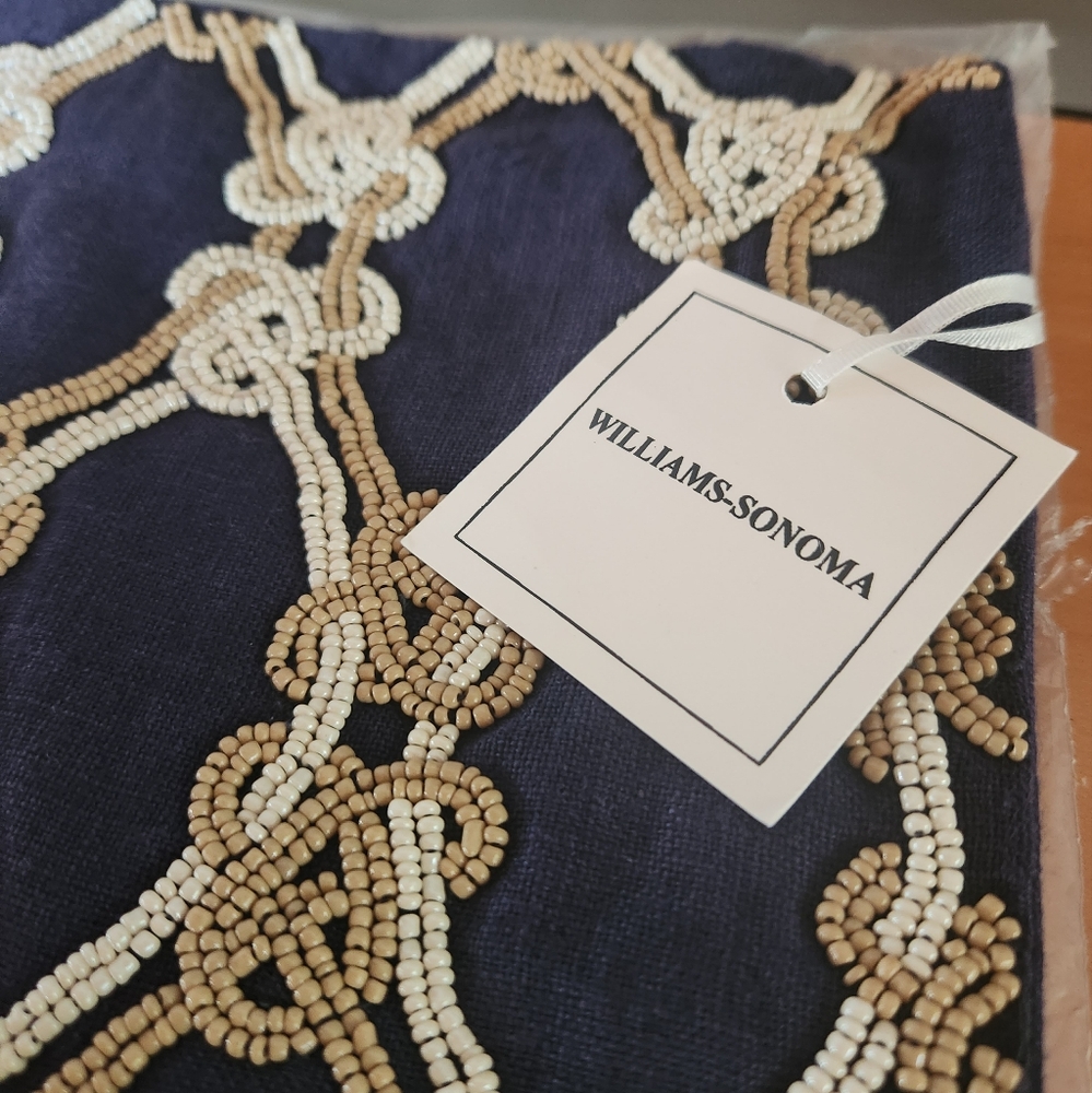 2 NWT Williams Sonoma Beaded Navy Blue Pillow Covers Accent Decorative Linen